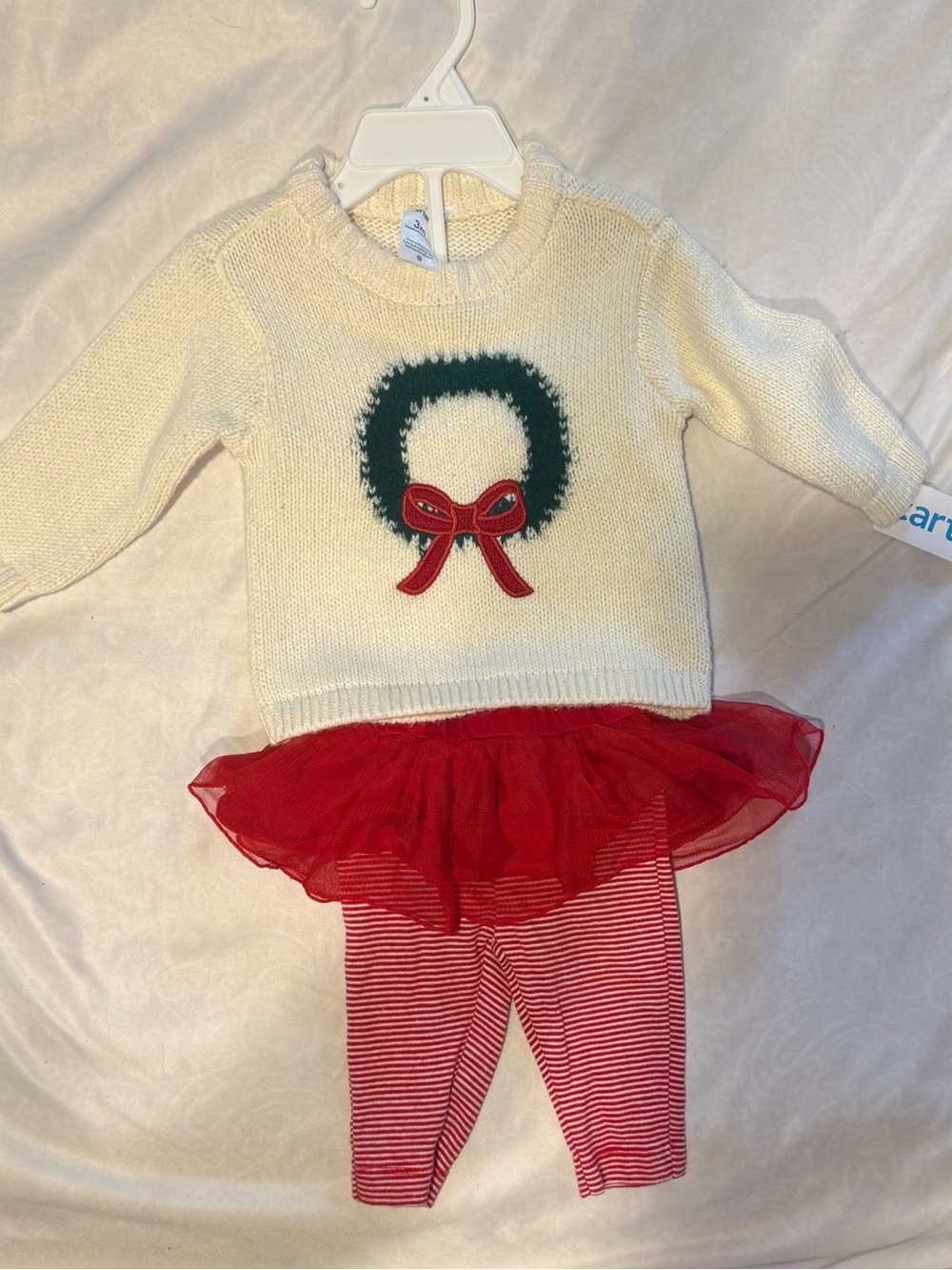 Carter's Cream Sweater Wreath Top with Red Tutu & Red Stripe Leggings